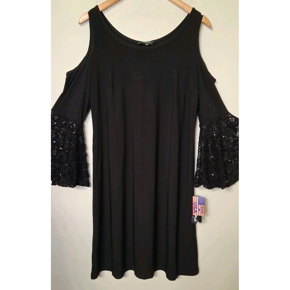 R&M Richards Womens Dress 12 Black Jersey Knit A Line Sequin Bell Holiday Party